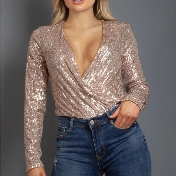Draped Deep V Sparkle The Evening | Champagne Sequin Blouse - Picture 1 of 4